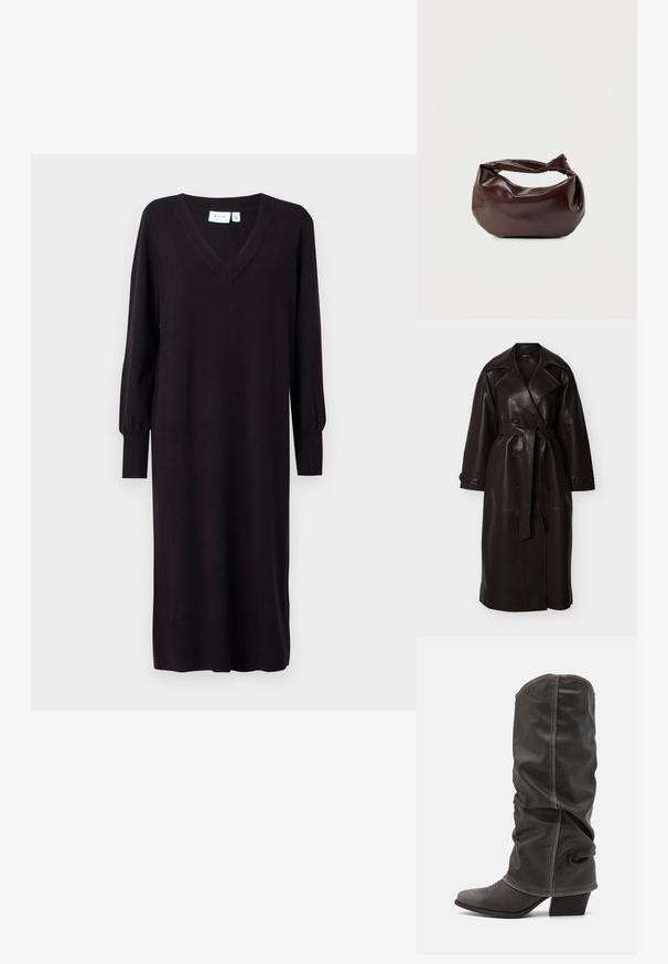 Longue gabardine en cuir brun foncé avec de larges revers, boutons croisés, taille ceinturée et poignets boutonnés.; Robe tricotée noire à manches longues, décolleté en V et poignets côtelés. Coupe droite sans motifs ni accents visibles. Texture douce.; Bottines en cuir gris hauteur mollet avec un design décontracté, bout pointu et talon empilé. Détails de couture remarquables sur la zone des orteils.; Sac bandoulière en cuir marron foncé avec une forme souple et décontractée et une anse nouée torsadée sur un fond blanc uni.