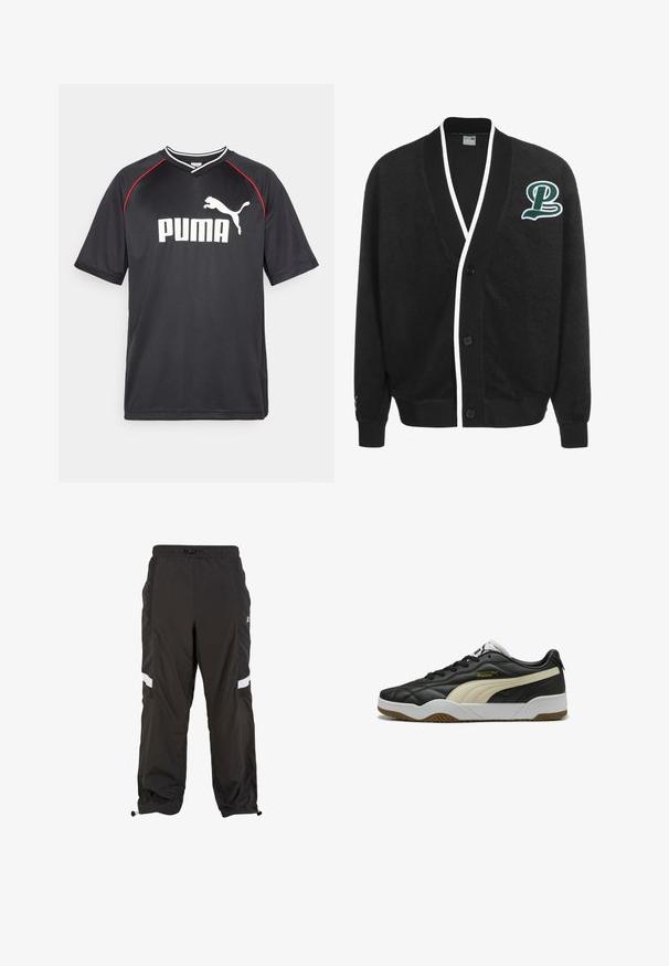 Sort cardigan lavet af blødt stof, med V-hals, hvid kant, knaplukning og grønt broderet "P" logo på venstre bryst.; Sort Puma sportstrøje med korte ærmer, hvidt logo, røde detaljer langs skuldrene og v-udskæring. Fremstillet af letvægtsmateriale.; Sorte vindbukser lavet af letvægtsmateriale, med sidelommer, en elastisk talje med snøre og refleksdetaljer på siderne.; Sorte lædersneakers med en cremefarvet stribe, gummisål og hvide accenter. Har struktureret overflade og snørebåndsdesign.