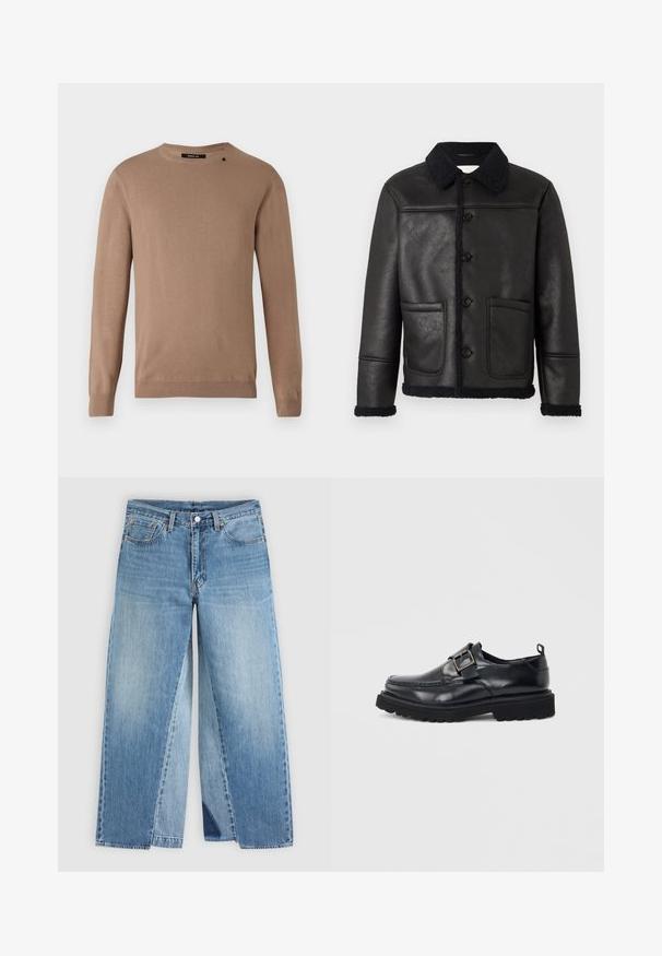 Veste en cuir noir avec un col, quatre boutons sur le devant, deux poches et une bordure en shearling texturé le long des poignets et de l'ourlet.; Pull beige à manches longues avec un col rond, fabriqué dans un tissu doux et texturé. Présente des poignets et un ourlet côtelés, ainsi qu'un petit détail de logo.; Jean droit en denim bleu avec un design classique à cinq poches et une fermeture à boutons à l'avant, présenté à plat sur un fond neutre.; Mocassin en cuir noir avec semelle épaisse et sangle à boucle argentée sur le côté, sur fond blanc.