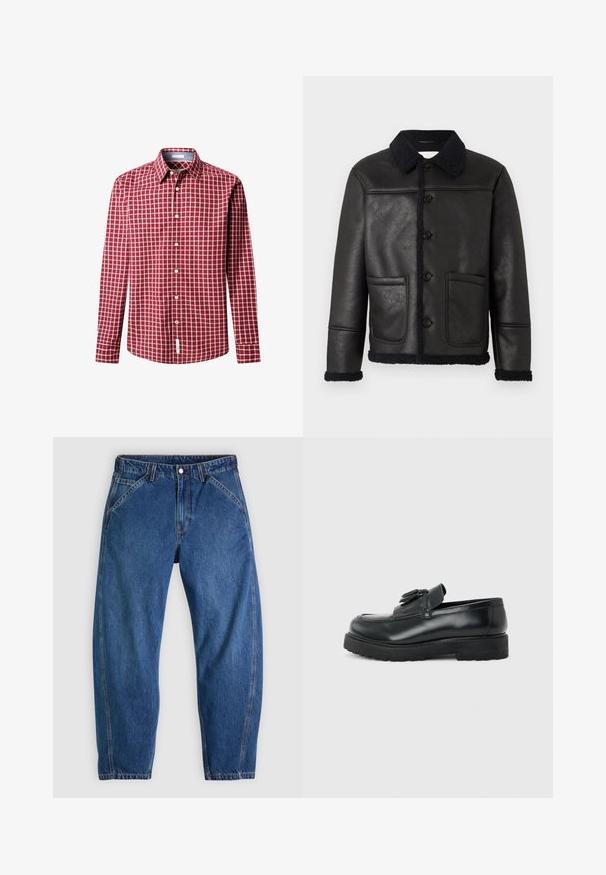 Veste en cuir noir avec un col, quatre boutons sur le devant, deux poches et une bordure en shearling texturé le long des poignets et de l'ourlet.; Chemise à manches longues à carreaux rouges et blancs avec un col boutonné et des boutons sur le devant, dotée d'un tissu texturé et d'une étiquette à l'ourlet.; Jean en denim bleu à coupe décontractée, doté d'une fermeture à boutons, de cinq poches et de surpiqûres orange contrastantes. Texture lisse sur toute la surface.; Mocassin en cuir noir avec pampilles, semelle épaisse en caoutchouc et talon bas, présenté de profil sur un fond uni.