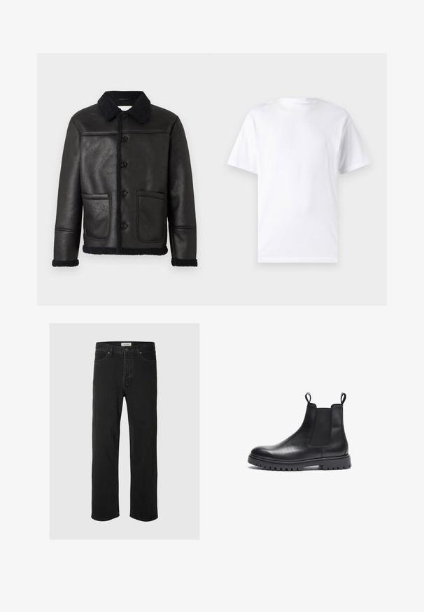 Schwarze Lederjacke mit Kragen, vier vorderen Knöpfen, zwei Taschen und einem strukturierten Lammfellbesatz an den Ärmelbündchen und dem Saum.; Weißes kurzärmeliges T-Shirt aus Baumwolle mit Rundhalsausschnitt, das eine glatte Textur und ein einfaches Design ohne Muster oder Akzente aufweist.; Schwarze Denim-Jeans im Straight-Leg-Schnitt verfügen über ein klassisches Fünf-Taschen-Design mit Knopfverschluss, minimaler Naht und einer weichen Textur.; Schwarze Leder Chelsea-Boots mit strukturierter Oberfläche, elastischen Seitenpanels und Zuglaschen. Verfügt über eine klobige Gummisohle mit Profil.