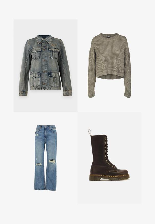 Denimjas met vervaagde wassing, vier klepzakken aan de voorkant, knoopsluiting, kraag en klein geborduurd logo aan de rechterkant van de borst.; Olijfgroen geknipte gebreide trui met een textuurpatroon, ronde halslijn en lange mouwen. Dikke ribbels aan de zoom en manchetten.; Lichtblauwe denim jeans met een hoge taille, wijde pasvorm, verwaschte scheuren bij de knieën en een klassieke vijf-pocketontwerp.; Hoge donkerbruine leren veterlaars met gele stiksels, dikke geribbelde zool en treklus aan de achterkant.