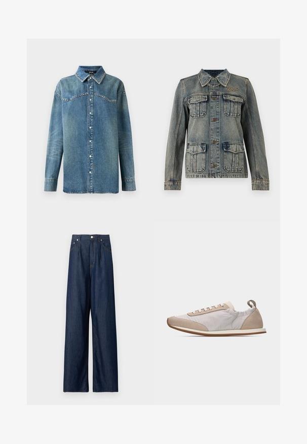 Jeansjacke mit ausgewaschenem Look, vier vordere Klappentaschen, Knopfverschluss, Kragen und kleines besticktes Logo auf der rechten Brustseite.; Blaue Jeanshemd mit langen Ärmeln, Druckknöpfen, spitzem Kragen und Strassdetails entlang der Schulterpartie und den Kragenkanten.; Dunkelblaue Jeans mit weitem Bein, hohem Bund, Frontknöpfen, Reißverschluss und Seitentaschen vor hellem, einfarbigem Hintergrund.; Hellbeiger Sneaker mit weißen Schnürsenkeln, Wildlederakzenten an Zehen und Ferse, weichen Stoffseiten und einer dünnen braunen Gummisohle, Seitenansicht.