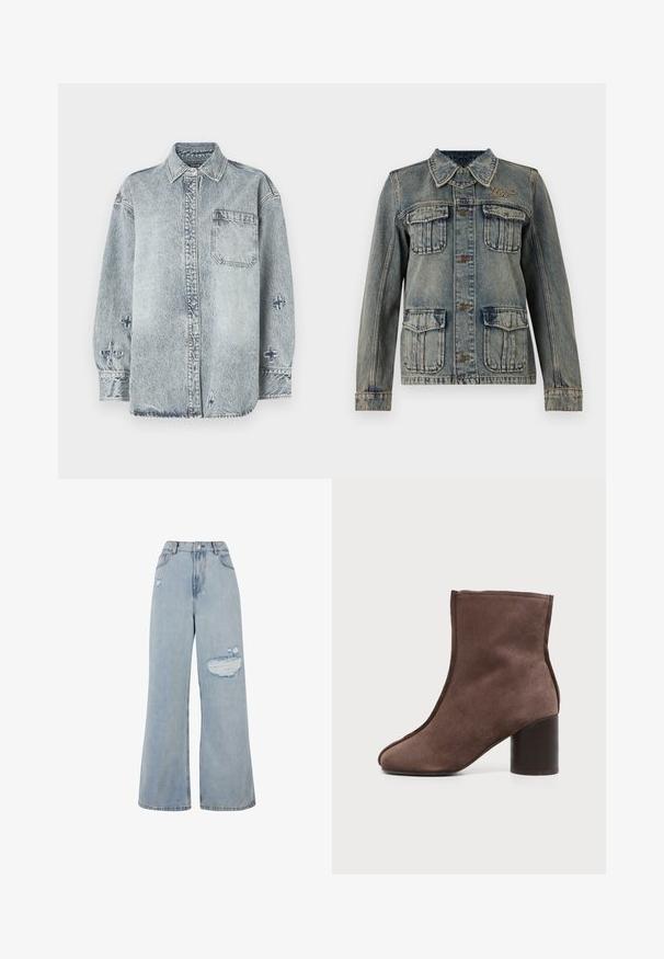 Denimmantel pleekinud pesuga, neli esikäepidet, nööpide sulgemine, krae ja väike tikitud logo rinna paremal pool.; Heled sinine denimpusa pikkade varrukatega, nööbid ees, ühe rinnataskuga ja ristpiste detailidega varrukatel.; Heledatud pesu denimist laiade jalgadega teksad, millel on kõrge vöökoht, kulutatud osad ja toor äär. Pehme tekstuur ja lõtv istuvus.; Pruun seemisnahast pahkluuking ümarate varbavahede ja plokk-kontsaga lihtsal heledal taustal.