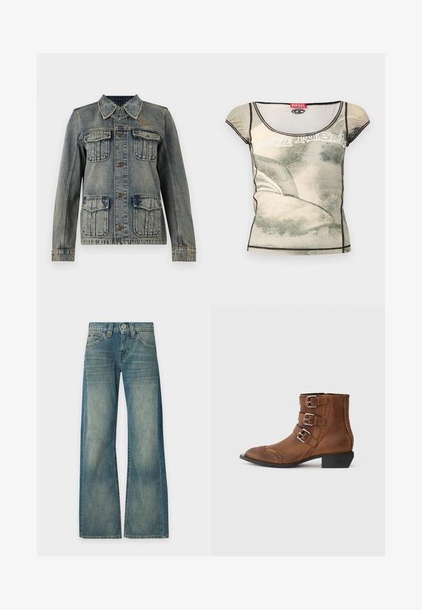 Denimjakke med falmet vask, fire foranklaplommer, knaplukning, krave og lille broderet logo på højre side af brystet.; Dametopp med tætsiddende pasform og korte ærmer, med abstrakt beige og gråt print, sort kant og rød Diesel-mærkeetiket ved halsudskæringen.; Blå denimjeans med falmet vask, høj talje, brede ben, frontknap og lynlås samt fem lommer, vist mod en ensfarvet baggrund.; Brune læder ankelstøvler med tre sølv spænder, spids tå og dekorativ syning langs siderne. Lav blokhæl.