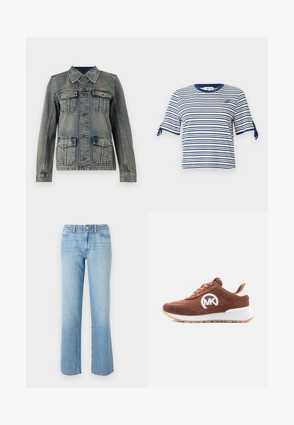 Denimjas met vervaagde wassing, vier klepzakken aan de voorkant, knoopsluiting, kraag en klein geborduurd logo aan de rechterkant van de borst.; Korte mouwen, cropped t-shirt in marineblauw en witte strepen. Voorzien van strikaccenten op de mouwen en een ronde halslijn. Zacht katoenen materiaal.; RE/DONE THE SANASA - Relaxed fit jeans - media noche; Bruine suède sneaker met witte zool en hiel, geperforeerde details, veters en wit "MK" logo aan de zijkant.