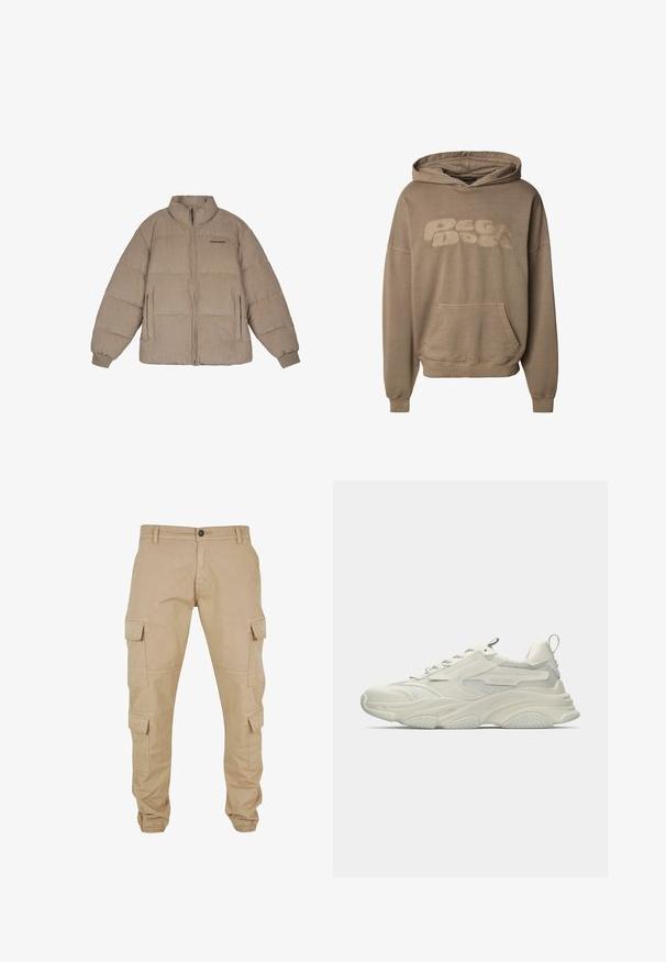 Beige corduroy pufferjack met hoge kraag, ritssluiting aan de voorkant en elastische manchetten. Kenmerkt het "PEGAADOR"-logo in het zwart op de borst en zijzakken.; Bruine oversized hoodie met voorzak in kangoeroestijl en gestructureerde tekst "Pega Door" op de borst, met lange mouwen en een capuchon.; Khaki cargobroek van een katoenmix. Voorzien van meerdere zijzakken, elastische boorden en een knoopsluiting aan de voorkant. Soepele textuur.; Stevige witte sneaker met mesh accenten, textuurrubberen zool en afgeronde vorm. Voorzien van minimale branding en een trekkoord aan de hiel.