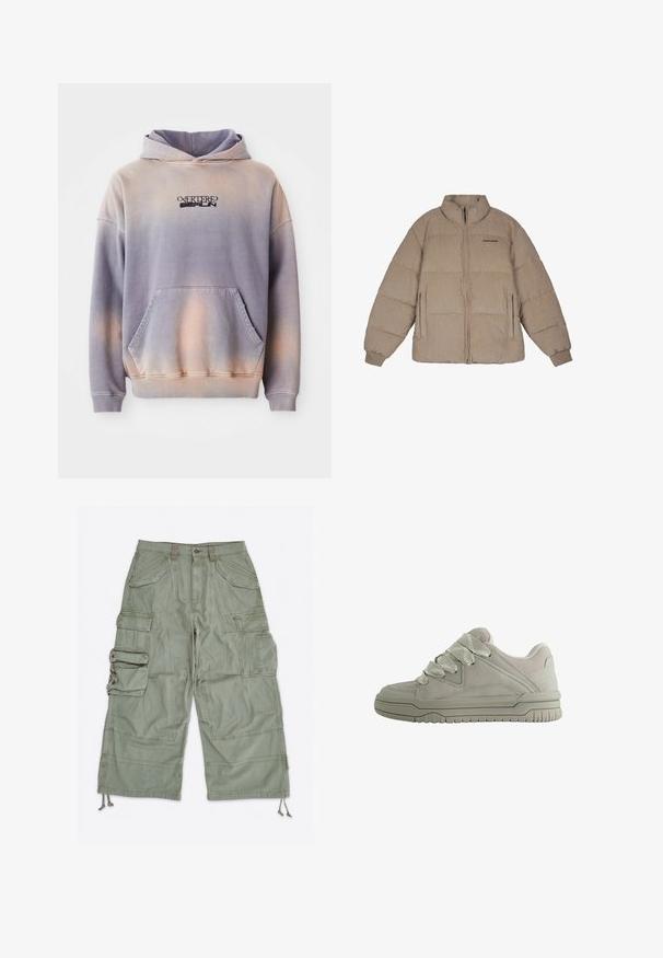 Beige Cordjacke mit Stehkragen, Frontreißverschluss und elastischen Bündchen. Mit dem schwarzen "PEGAADOR"-Logo auf der Brust und seitlichen Taschen.; Kapuzensweatshirt in lila und pfirsichfarbenem Verlauf, aus weichem Stoff. Verfügt über eine Vordertasche und schwarze Logodetails auf der Brust.; Hellgrüne Cargoshorts mit mehreren Klapptaschen, Gürtelschlaufen, Knopfverschluss und verstellbaren Kordelzügen an den Beinöffnungen.; Grau Sneaker mit niedrigem Schaft, dicken, strukturierten Schnürsenkeln, gepolstertem Kragen, genähten Einsätzen und einer profilierten Gummisohle für besseren Halt.