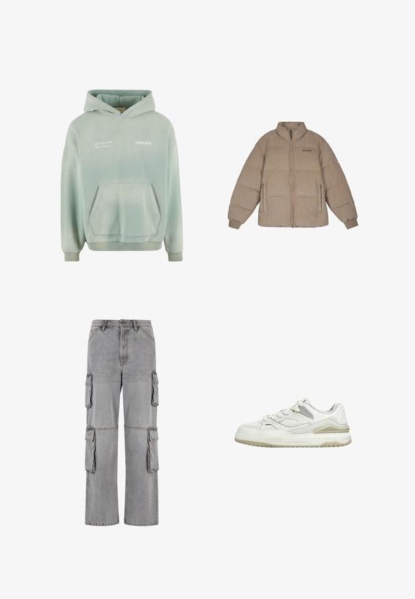 Doudoune en velours côtelé beige avec col montant, fermeture à glissière à l'avant et poignets élastiques. Présente le logo "PEGAADOR" en noir sur la poitrine et des poches latérales.; Sweat à capuche vert clair avec une poche kangourou, des poignets et un ourlet côtelés. Avec du texte imprimé en blanc à l'avant et une finition douce et texturée.; Pantalons cargo gris en denim ; comportent plusieurs poches latérales, une coupe décontractée et des coutures contrastées le long des coutures.; Baskets basses blanches avec semelle beige, devant à lacets, et col rembourré, présentées sur un fond blanc uni.