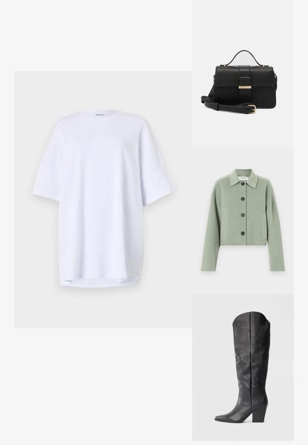 Weiche, kurz geschnittene Jacke aus Salbeigrün-Wolle mit großen schwarzen Knöpfen, seitlichen Taschen und klassischem Kragen, Marke Ivy Oak.; Oversized, kurzärmliges weißes T-Shirt aus Baumwolle. Runder Halsausschnitt, Seitenschlitze am Saum und glatte Textur ohne sichtbare Muster oder Akzente.; Schwarze kniehohe Stiefel aus Leder mit spitzem Zeh und blockigem Absatz. Das Design zeichnet sich durch eine glatte Textur und minimalistische Linien aus.; Schwarze Lederhandtasche mit goldenen Metallakzenten, rechteckige Form, Klappenverschluss, verstellbarer Schultergurt, glatte Textur, minimalistisches Design.