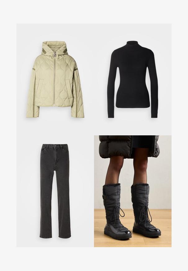 Kviltet, lysegrøn jakke med hætte, lynlås foran, to sidelommer og kontrasterende stofdetaljer langs ærmerne.; Sort turtleneck sweater lavet af let strikket stof. Har lange ærmer, et tætsiddende design og en blød ribbet tekstur.; Sorte denim jeans med lige skæring, høj talje, fem lommer og knaplukning. Materialet har en let tekstur, uden synlige mønstre.; Knæhøje sorte pufferstøvler med fake fur kant, skinnende vandtæt overdel, tekstureret sål og justerbar snøre detaljer.