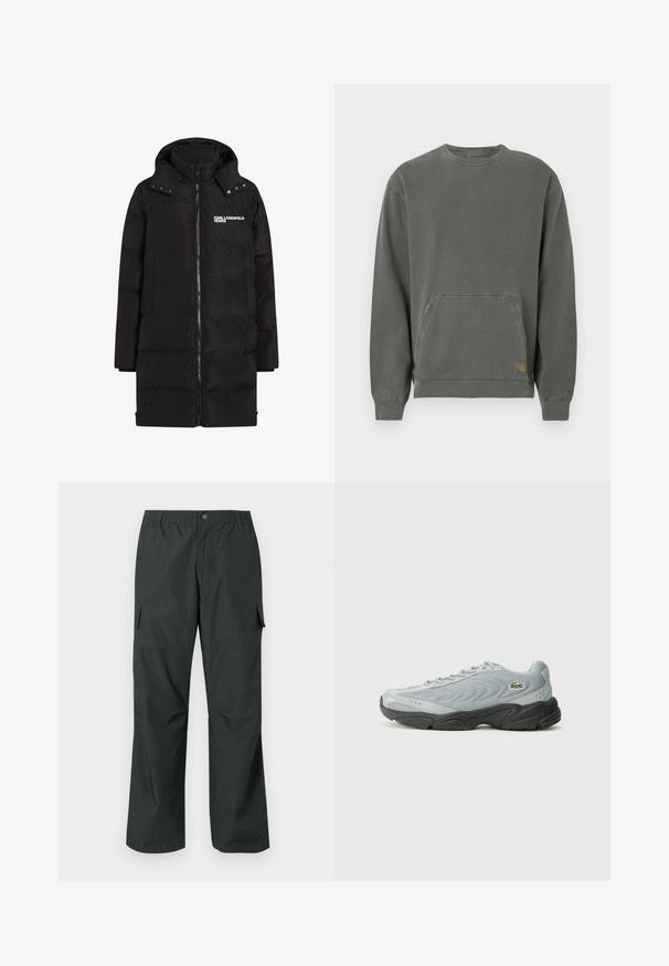 Sort polstret jakke med lynlås, stor krave og logo detalje på brystet. Har en glat, glinsende overflade og sidelommer.; Grå, langærmet sweatshirt lavet af bomuld, med rund hals, frontlomme, ribbede manchetter og et lille logoemblem ved kanten.; Mørkegrøn cargo bukser med en afslappet pasform, elastisk talje, sydde lommer og en glat, let stofstruktur.; Grå atletisk sko med struktureret overdækning, sort gummisål og snørebåndsdesign. Har et lille grønt logo på siden.