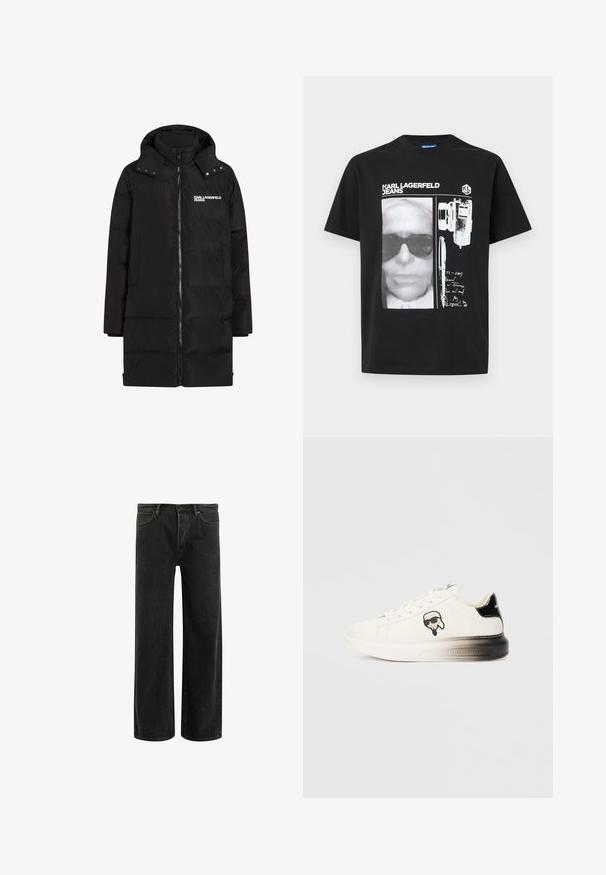 Schwarze gepolsterte Jacke mit Reißverschluss, großem Kragen und Logodetail auf der Brust. Hat eine glatte, glänzende Textur und Seitentaschen.; Schwarzes T-Shirt mit weißem Grafikdruck eines halbtönigen Gesichts mit Sonnenbrille, einer Kamera, einem Stift, handgeschriebenem Text und dem Logo "KARL LAGERFELD JEANS".; Schwarze, weit geschnittene Jeans aus Denim mit hoher Taille, im klassischen Fünf-Taschen-Design und subtilem Verblassen für eine strukturierte Optik.; Weißer Sneaker mit einem Obermaterial aus glattem Leder, schwarzen Akzenten an der Ferse und einem Cartoon-Logo. Verfügt über eine dicke, leicht transparente Sohle.