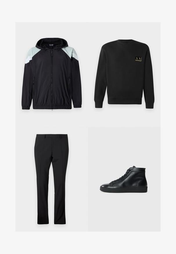 Leichte schwarze Jacke mit Kapuze, ausgestattet mit mintgrünen Schulterakzenten und weißen Streifendetails. Mit Reißverschlusstaschen und elastischen Bündchen.; Schwarzer Langarm-Crewneck-Pullover mit kleinem beigen Armani Exchange-Logo auf der linken Brust.; Schwarze maßgeschneiderte Hose mit Gürtelschlaufen, vorderer Bügelfalte und geradem Beinaufschnitt auf einem schlichten weißen Hintergrund.; Schwarze High-Top-Sneaker aus glattem Leder mit runder Zehenpartie, flacher Gummisohle und Schnürdesign. Klare Linien und minimale Akzente.