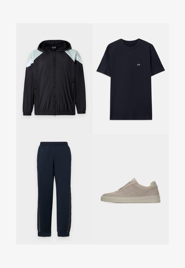 Leichte schwarze Jacke mit Kapuze, ausgestattet mit mintgrünen Schulterakzenten und weißen Streifendetails. Mit Reißverschlusstaschen und elastischen Bündchen.; Marineblaue Baumwoll-T-Shirt mit kurzen Ärmeln und Rundhalsausschnitt. Mit einem kleinen weißen "A|X"-Logo auf der linken Brustseite.; Navy Sweatpants mit weichem Material, schmal zulaufenden Bündchen und Netzseiteneinsätzen. Elastischer Bund für Komfort und legere Passform.; Beige Wildledersneaker mit strukturierter Oberfläche, abgerundeter Zehenpartie und tonalen Schnürsenkeln. Verfügt über eine dicke Gummisohle und dezente Markenkennzeichnung an der Ferse.