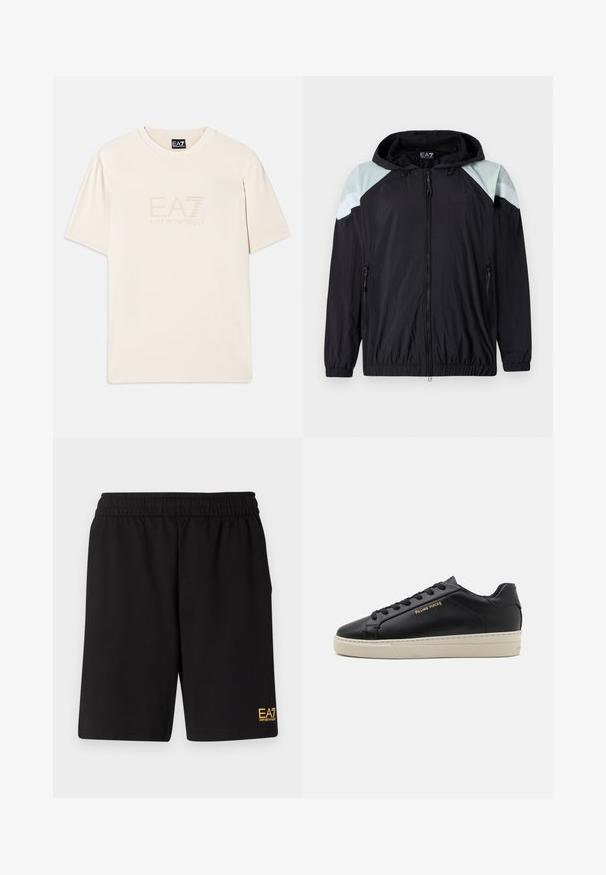 Lichte zwarte jas met capuchon, voorzien van mintgroene schouderaccenten en witte gestreepte details. Inclusief ritszakken en elastische manchetten.; Crèmekleurig katoenen t-shirt met ronde hals en korte mouwen, voorzien van een reliëf EA7-logo aan de voorkant.; Zwarte sportshorts van zacht materiaal, met een elastische tailleband en een klein geel EA7-logo op de onderste linkeronderbroek.; Zwarte leren sneaker met een gladde afwerking, contrasterende crèmekleurige zool, ronde neus, gouden logo aan de zijkant en zes gaatjes voor veters.