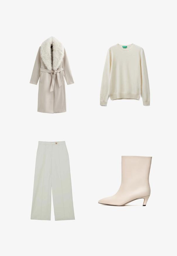 Beige buitenjas met een faux fur kraag, een riem op de taille en twee voorkg pockets; gladde textuur met een rechte silhouette.; Crèmekleurige trui van zachte stof, met een ronde hals, lange mouwen en geribde manchetten en zoom. Eenvoudig, minimalistisch ontwerp.; Lichte crèmekleurige wijde broek met knoopsluiting, voorplooien en zijzakken, gemaakt van een gladde stof.; Beige leren enkelboot met een pointed toe en een conische hak. Gladde textuur met minimale stiknaden en een slanke silhouet.