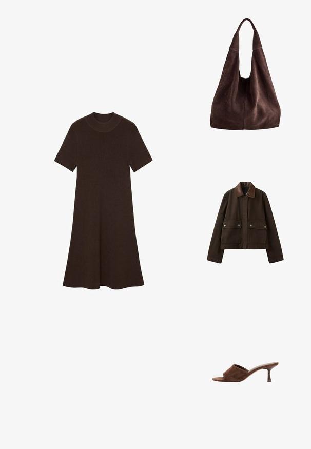 Veste marron foncé avec un col en cuir, une fermeture éclair frontale recouverte par un rabat, et deux grandes poches avant avec boutons-pression.; Robe tricotée marron à manches courtes, avec un col rond et une silhouette évasée. Tissu texturé avec un motif en rib accueillant.; Mule en daim marron à bout ouvert, talon en bois incurvé de hauteur moyenne et design à enfiler sur fond blanc.; Grand sac à épaule en daim brun foncé avec une large bandoulière et une forme souple et décontractée, présenté sur un fond blanc.