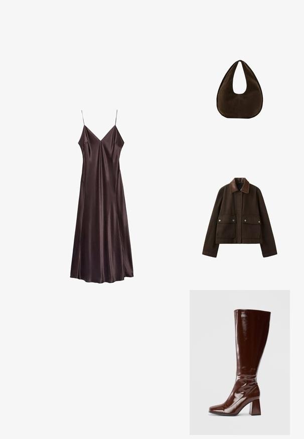 Veste marron foncé avec un col en cuir, une fermeture éclair frontale recouverte par un rabat, et deux grandes poches avant avec boutons-pression.; Robe slip en satin couleur chocolat, avec un décolleté en V, des bretelles fines et un ourlet fluide qui tombe au milieu du mollet. Texture lisse et design minimaliste.; Bottes en cuir verni marron jusqu'aux genoux avec un bout carré, finition brillante et un talon épais pour la stabilité. Design sans couture sans matériel visible.; Sac à main en daim marron foncé en forme de croissant avec une seule sangle large et une texture lisse sur fond blanc.