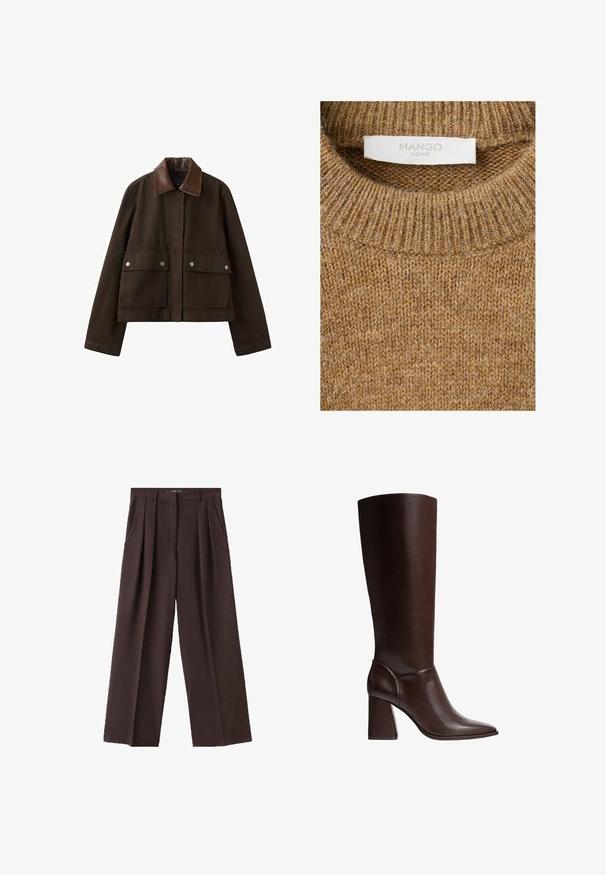 Veste marron foncé avec un col en cuir, une fermeture éclair frontale recouverte par un rabat, et deux grandes poches avant avec boutons-pression.; Pull marron tricoté avec encolure ronde côtelée et étiquette blanche portant la mention "MANGO HOME" à l'intérieur du col.; Pantalons larges bruns en tissu texturé, avec des plis à l'avant, des poches latérales et un design de taille classique.; Botte en cuir marron, montant jusqu'au genou, avec un bout pointu et un talon bloc, présentant une texture lisse et un design élégant. Broderies accentuées au niveau de la cheville.