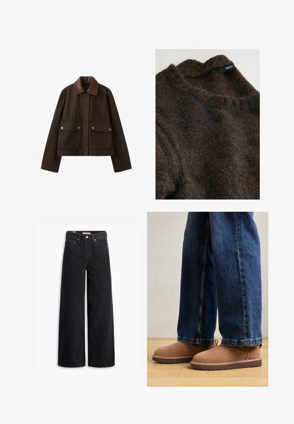 Dunkelbraune Jacke mit Lederkragen, Frontreißverschluss, der von einer Klappe verdeckt wird, und zwei großen Fronttaschen mit Druckknöpfen.; Brauner, strukturierten Strickpullover mit hohem Kragen und einem Etikett, auf dem "NEXT" steht, am Kragen. Weiches, flauschiges Material mit einer dichten Webart.; Schwarze weite Jeans aus Denim mit fünf Taschen, Kupferrivets und einem klassischen Knopfverschluss. Glatte Textur mit einem klaren Design.; Braune Wildleder Stiefeletten mit flacher Sohle, runder Spitze und einer kleinen Zuglasche, kombiniert mit blauen Jeans im geraden Schnitt.