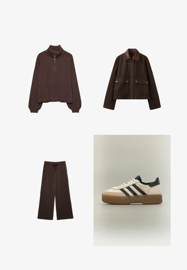 Mørkebrun jakke med læderkrave, lynlås foran dækket af en klap og to store forlommer med trykknapper.; Brun pullover sweater med høj ribstrik krave, lynlås lukning, løs pasform og sænkede skuldre. Fremstillet af blødt strikmateriale.; Brune brede bukser med snøre i taljen. Fremstillet af blødt stof, med lodrette sømme ned ad fronten for ekstra detalje.; Hvid Adidas sneaker med sorte striber, beige ruskindstå, brun sål og "SPEZIAL" i guldskrift på siden.