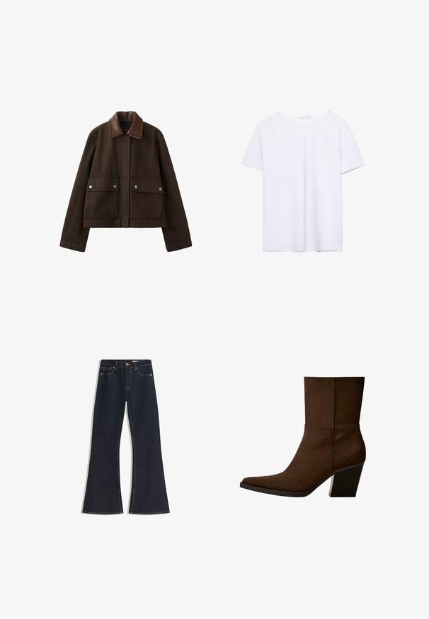 Veste marron foncé avec un col en cuir, une fermeture éclair frontale recouverte par un rabat, et deux grandes poches avant avec boutons-pression.; T-shirt blanc uni à manches courtes et col rond avec ourlet droit, présenté sur un fond blanc.; Jean évasé en denim foncé avec une taille haute, des coutures contrastantes, une fermeture à bouton et quatre poches. Les jambes s'élargissent à l'ourlet.; Bottine en suède marron avec un orteil pointu et un talon épais, présentant un design minimaliste et une texture lisse sur fond blanc.