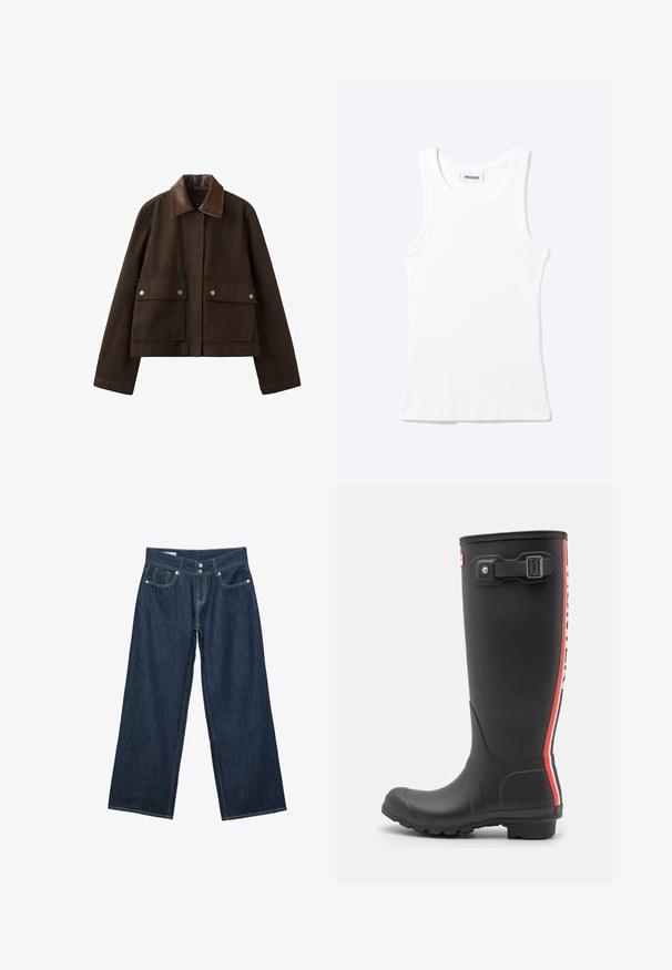 Veste marron foncé avec un col en cuir, une fermeture éclair frontale recouverte par un rabat, et deux grandes poches avant avec boutons-pression.; Débardeur blanc côtelé sans manches avec encolure ronde et une petite étiquette indiquant "WEEKDAY" à l'intérieur du col.; Jeans en denim bleu foncé à jambes larges avec fermeture à double bouton, poches avant et surpiqûres contrastantes sur fond blanc.; Botte de pluie en caoutchouc noir avec surface texturée, design haut, rayures verticales rouges et blanches, sangle ajustable et détail de boucle.