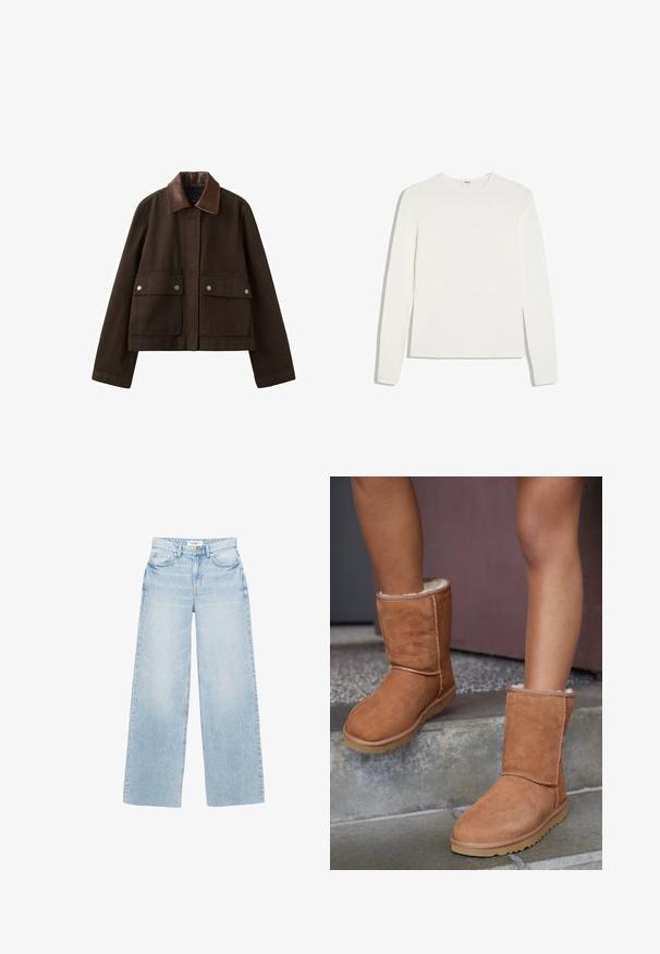 Veste marron foncé avec un col en cuir, une fermeture éclair frontale recouverte par un rabat, et deux grandes poches avant avec boutons-pression.; T-shirt blanc uni à manches longues avec col rond et coupe ajustée, posé à plat sur un fond blanc.; Jean large à lavage clair en denim. Caractérisé par une taille haute, cinq poches et une fermeture éclair avec bouton. Texture légèrement usée.; Bottines en suede marron, à bout rond, avec une doublure douce et une semelle en caoutchouc, présentant des détails de couture visibles le long des coutures.
