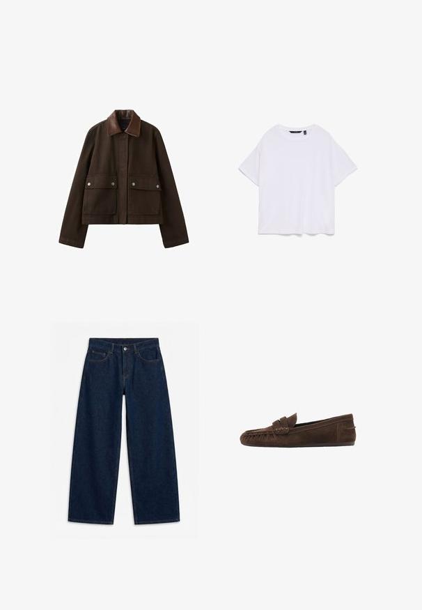 Veste marron foncé avec un col en cuir, une fermeture éclair frontale recouverte par un rabat, et deux grandes poches avant avec boutons-pression.; T-shirt blanc uni en coton à manches courtes et col rond, vue à plat sur fond blanc.; Jean denim bleu foncé à jambes larges avec bouton et fermeture éclair à l'avant, passants pour ceinture, et style cinq poches, posé à plat sur un fond blanc.; Mocassin marron en daim avec détails cousus et petit talon, présenté de profil sur fond blanc.
