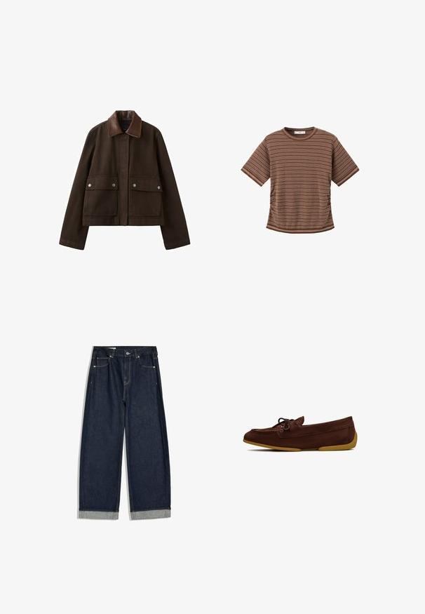 Veste marron foncé avec un col en cuir, une fermeture éclair frontale recouverte par un rabat, et deux grandes poches avant avec boutons-pression.; T-shirt marron à manches courtes avec fines rayures blanches horizontales et col rond sur fond blanc.; Jean en denim bleu foncé à jambes larges avec revers roulés, design cinq poches et fermeture par bouton à la taille, posé à plat sur fond blanc.; Mocassins en suede marron avec un bout rond, des détails en lacets et une semelle en caoutchouc jaune flexible. Design simple et sans embellissement.