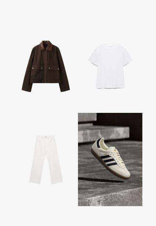Veste marron foncé avec un col en cuir, une fermeture éclair frontale recouverte par un rabat, et deux grandes poches avant avec boutons-pression.; T-shirt blanc uni à manches courtes et col rond, avec un ourlet droit, présenté sur un fond blanc.; Pantalons en denim blanc à larges jambes avec un design classique à cinq poches, matériel en métal et coutures contrastées. Texture lisse et coupe décontractée.; Baskets blanches Adidas Samba avec des bandes noires et une semelle en gomme, flottant au-dessus de marches en béton gris texturé.