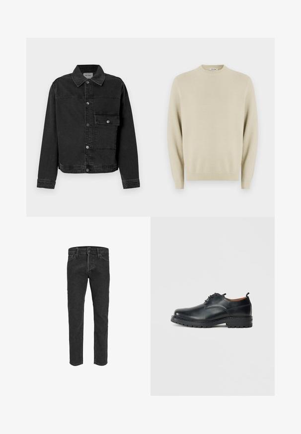 Sort denimjakke med knaplukning fortil, brystlomme og klassisk krave. Har synlige stikninger og struktureret stof.; Beige strikket sweater med rund hals, lange ærmer, ribbede manchetter og et struktureret mønster hele vejen igennem. Egnet til afslappet brug.; Sorte denimbukser med lige ben, fem lommer og bæltestropper, der har en let falmet tekstur og kontraststing. ; Sorte læder derby-sko med en glat overflade, rund tå, snøre-design og en tyk, robust gummisål.