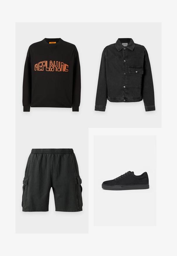 Sort denimjakke med knaplukning fortil, brystlomme og klassisk krave. Har synlige stikninger og struktureret stof.; Sort sweatshirt lavet af bomuld med v-hals og lange ærmer. "REPLAYING" er trykt i orange med rundet udgave.; Sorte cargo shorts med elastisk talje, to sidelommer og to cargo-lommer på siderne. Lavet af et blødt, letvægtsstof.; Sort lavtop sneaker med snørelukning foran og flad gummisål, vist fra siden på en hvid baggrund.