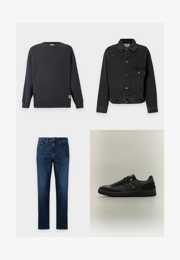 Zwarte denimjack met een knoopsluiting aan de voorkant, borstzak en klassieke kraag. Bevat zichtbare stiksels en een gestructureerde stof.; Donkergrijze crewneck sweatshirt met ribbed manchetten en zoom. Bevat een klein geweven logo-label aan de linksonderzijde. Van katoen, met een soepele textuur.; Donkerblauwe denim jeans met een rechte pijpdesign, voorzien van vijf zakken, gestikte details en een klassieke knoopsluiting.; Zwarte lage sneaker met veter en gestructureerde zool, met het "Jack & Jones"-logo aan de zijkant tegen een effen achtergrond.