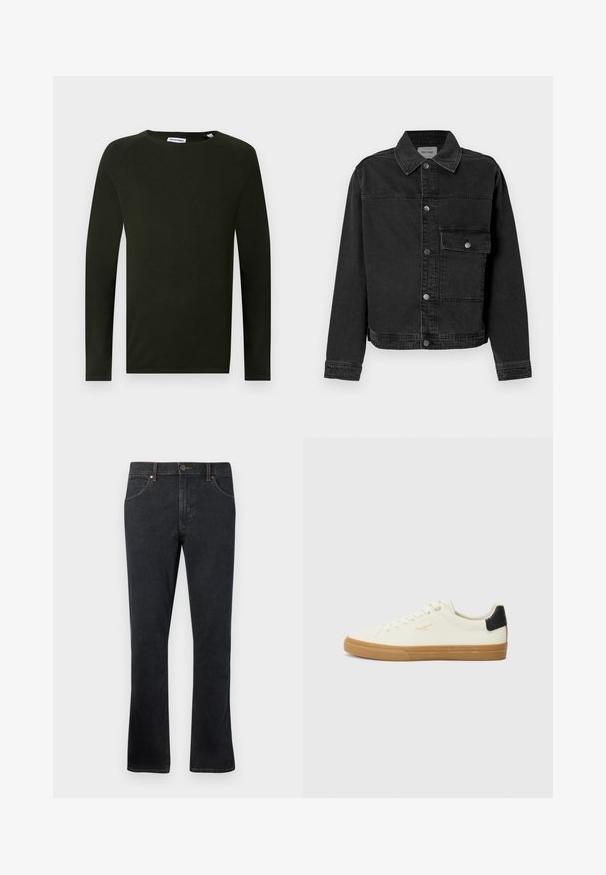 Zwarte denimjack met een knoopsluiting aan de voorkant, borstzak en klassieke kraag. Bevat zichtbare stiksels en een gestructureerde stof.; Donkergroene lange mouwen gebreide shirt met een ronde hals, voorzien van een textuurstof en aansluitende manchetten. Label zichtbaar bij de hals.; Donkerblauwe denim jeans met een recht model, voorzien van vijf zakken, contrasterende stiksel en een lichte flared onderkant.; Witte canvas sneaker met een gum rubberen zool, zwart accent op de hiel, ronde neus en vetersluiting. Bevat het merlogo in goud aan de zijkant.