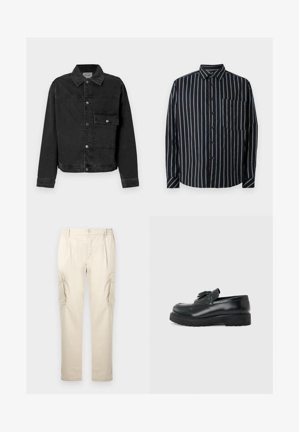 Veste en denim noir avec un bouton frontal, une poche poitrine et un col classique. Présente des coutures visibles et un tissu texturé.; Chemise noire à boutons avec des rayures verticales bleues, manches longues, col et poche poitrine. Tissu lisse, coupe décontractée, boutons standard.; Pantalon cargo beige en tissu doux et léger. Dispose d'une coupe décontractée, d'une taille élastique et de deux poches latérales avec rabats.; Mocassin en cuir noir avec pampilles, semelle épaisse en caoutchouc et talon bas, présenté de profil sur un fond uni.