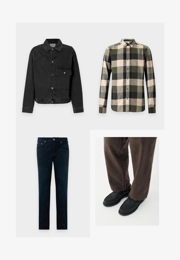 Schwarze Denimjacke mit durchgehender Knopfleiste, einer Brusttasche und klassischem Kragen. Verfügt über sichtbare Nähte und strukturierten Stoff.; Langärmeliges Hemd mit Knöpfen und großem kariertem Muster in Olivgrün, Schwarz, Beige und Grautönen.; Dunkelblaue Slim-Fit-Jeans mit vorderem Knopf, Reißverschluss, Gürtelschlaufen und fünf Taschen, flach auf einem weißen Hintergrund ausgelegt.; Schwarze Lederschuhe mit glatter Oberfläche, abgerundeter Spitze und Schnürdesign, kombiniert mit strukturierten braunen Hosen. Bodennahaufnahme.