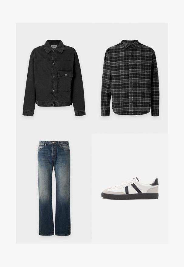 Zwarte denimjack met een knoopsluiting aan de voorkant, borstzak en klassieke kraag. Bevat zichtbare stiksels en een gestructureerde stof.; Zwart en grijs geblokt flanellen shirt met een knoopsluiting aan de voorkant, kraag en lange mouwen; zachte textuur en afgeronde zoom.; Donkerblauwe wijde spijkerbroek van denim. Kenmerkt zich door vervaagde details, een traditionele vijf-pocketontwerp en een metalen knoopsluiting bij de taille.; Witte sneaker met zwarte en grijze accenten, voorzien van een grijze neus met textuur, zwarte rubberen zool en platte witte veters. Schoon ontwerp, minimalistische stijl.