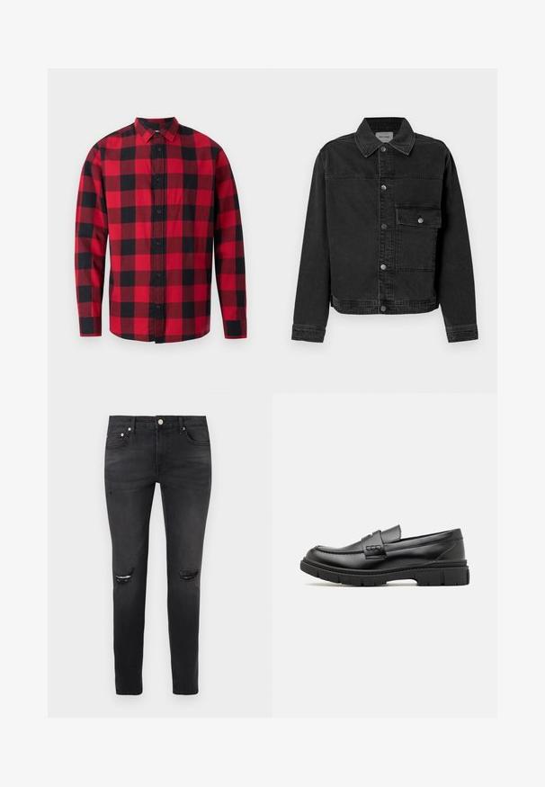 Sort denimjakke med knaplukning fortil, brystlomme og klassisk krave. Har synlige stikninger og struktureret stof.; Rødmønstret flannel-skjorte i sort og rød med knaplukning foran, lange ærmer og krave. Har et klassisk ternet mønster.; Sorte slim-fit jeans med slidte knærevner, fem-lommer stil og knaplukning foran i linningen.; Sort læder loafersko med en bred rem over forfoden, gummisål med tykke mønstre og glat overflade. Klassisk, slankt design.