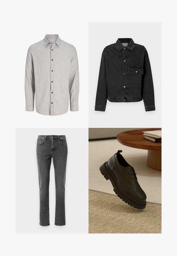 Sort denimjakke med knaplukning fortil, brystlomme og klassisk krave. Har synlige stikninger og struktureret stof.; Lys grå langærmet skjorte lavet af struktureret stof. Har en button-down krave og seks sorte knapper foran.; Sorte straight-leg denim jeans med front- og baglommer, lynlåslukning og knaplukning på en neutral hvid baggrund.; Sort lædersko med en tekstureret overflade, rund tå, snørelukning og en kraftig sort gummisål. Svævende over et vævet tæppe.