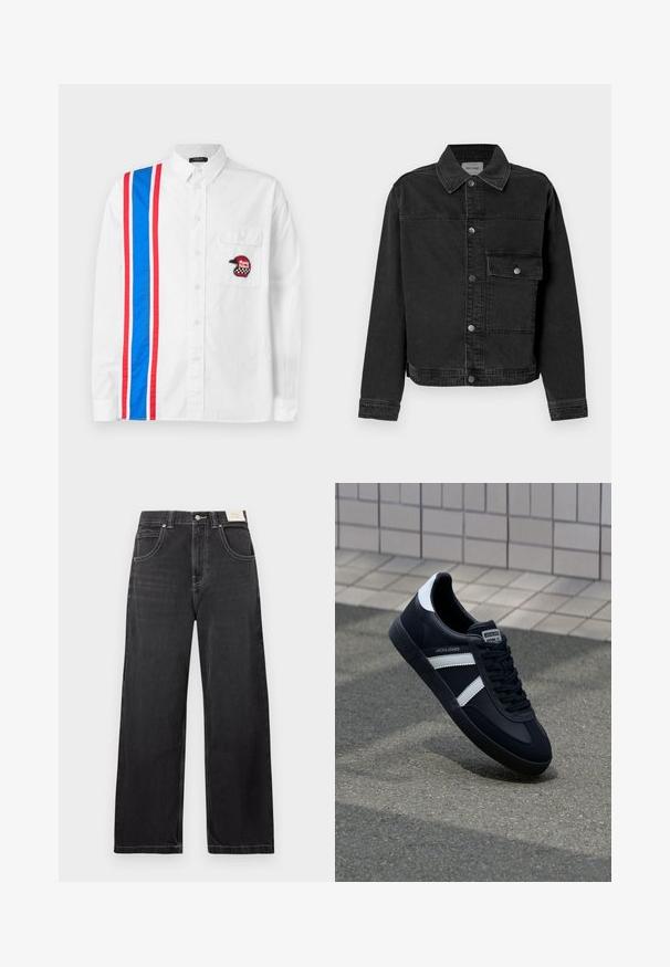 Veste en denim noir avec un bouton frontal, une poche poitrine et un col classique. Présente des coutures visibles et un tissu texturé.; Chemise blanche à boutons avec un motif rayé bleu et rouge d'un côté et un patch de casque brodé noir sur la poche poitrine.; Jean noir à jambes larges en denim, doté de cinq poches, de coutures blanches contrastantes et d'une fermeture par bouton à la taille.; Sneaker en cuir noir avec des rayures blanches, semelle en caoutchouc texturée et devant à lacets. Présente une étiquette de marque sur la languette.