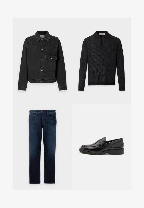 Sort denimjakke med knaplukning fortil, brystlomme og klassisk krave. Har synlige stikninger og struktureret stof.; Sort langærmet poloshirt med tekstureret mønster, ribkant ved ærmeender og kant, samt tre-knaps stolpe på en lys grå baggrund.; Mørkeblå denimjeans med lige ben-design, fem-lomme stil og en synlig knaplukning i livet. Glat tekstur.; Sorte læder loafers med en glat finish, rund tå, lav hæl og dekorativ syning langs forsiden. Gummisål for godt greb.