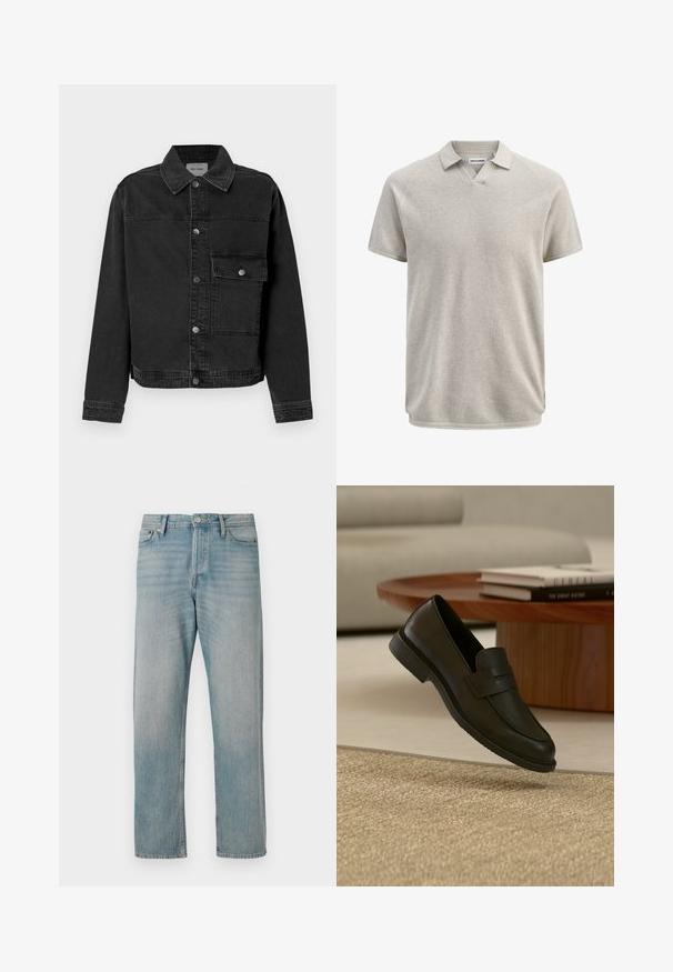 Schwarze Denimjacke mit durchgehender Knopfleiste, einer Brusttasche und klassischem Kragen. Verfügt über sichtbare Nähte und strukturierten Stoff.; Beiges Poloshirt aus strukturierter Baumwolle mit kurzen Ärmeln, Kragen und leichtem V-Ausschnitt, mit dem Etikett Jack & Jones.; Helle blaue Denim-Jeans mit geradem Bein haben fünf klassische Taschen, einen Knopfverschluss und dezente Auswaschungen für Struktur.; Schwarzer Lederloafer-Schuh schwebt über einem beige gewebten Teppich, mit einem Holztisch und gestapelten Büchern in einem sanft beleuchteten Wohnzimmer.