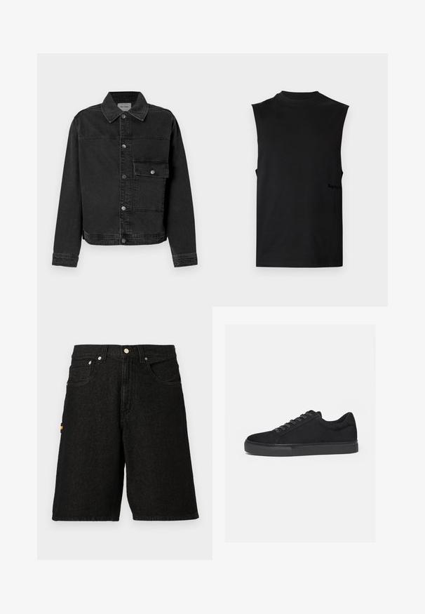 Schwarze Denimjacke mit durchgehender Knopfleiste, einer Brusttasche und klassischem Kragen. Verfügt über sichtbare Nähte und strukturierten Stoff.; Ärmelloses schwarzes Muscle-Tanktop mit hohem Rundhalsausschnitt, geradem Saum und dezentem Logo an der unteren Seite.; Schwarze Denim-Shorts mit einem klassischen Fünf-Taschen-Design, silbernem Metallzubehör und einem dezenten orangen Akzent an der Seitentasche.; Schwarzer Low-Top-Sneaker mit Schnürung vorne und flacher Gummisohle, seitlich auf weißem Hintergrund dargestellt.