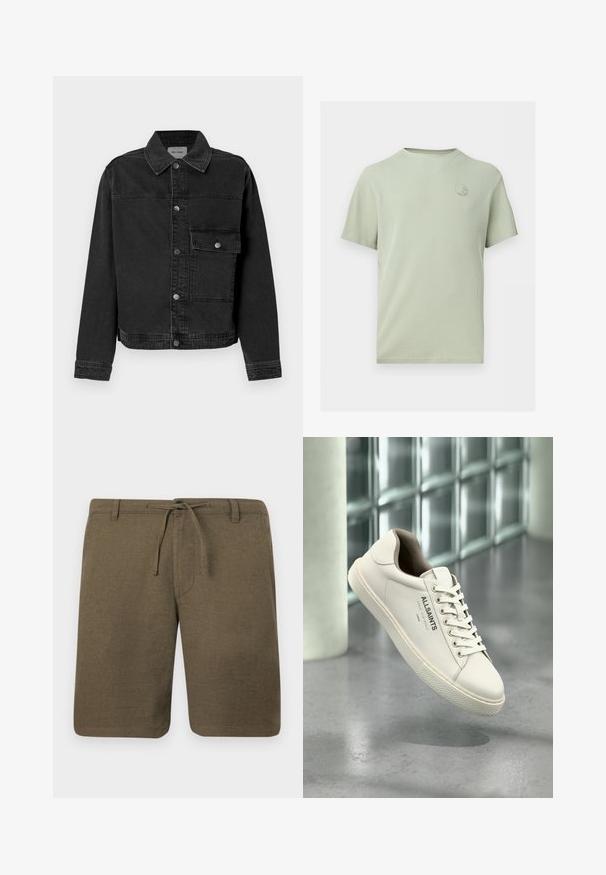 Schwarze Denimjacke mit durchgehender Knopfleiste, einer Brusttasche und klassischem Kragen. Verfügt über sichtbare Nähte und strukturierten Stoff.; Hellgrünes strukturiertes T-Shirt mit kurzen Ärmeln, rundem Ausschnitt und kleinem rundem Logo auf der linken Brust.; Olivgrüne Leinen-Shorts mit flachem Frontschnitt, Kordelzugbund und seitlichen Taschen; strukturierter Stoff mit lockerer, lässiger Passform.; Weißer AllSaints-Sneaker mit Schnürsenkeln, Logo und japanischem Text, der über einem polierten Betonboden mit mattierten Glasbausteinen im Hintergrund schwebt.