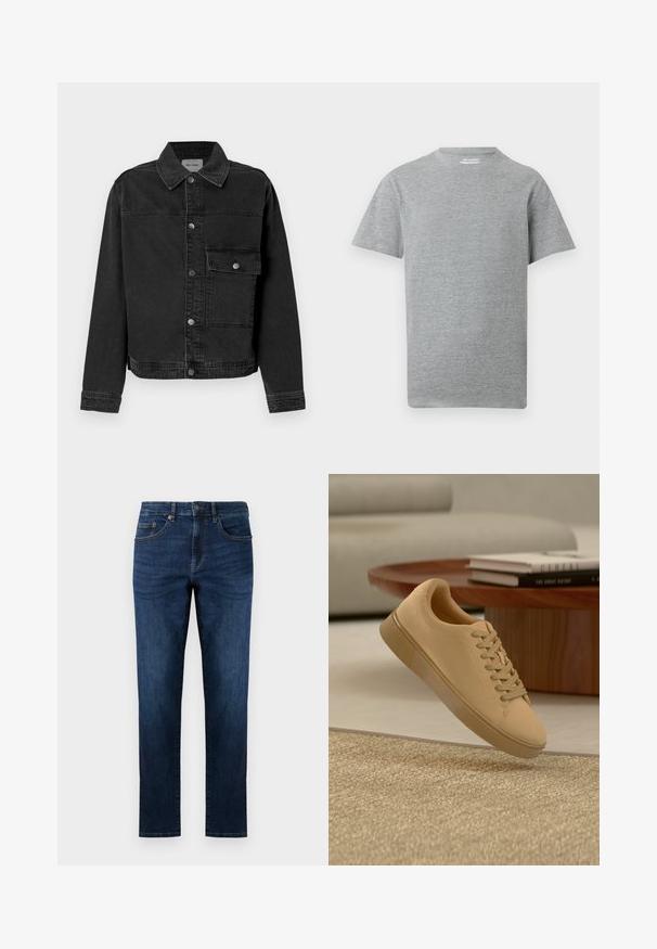 Sort denimjakke med knaplukning fortil, brystlomme og klassisk krave. Har synlige stikninger og struktureret stof.; Simpel grå kortærmet t-shirt med rund hals og et lille hvidt "ONLY & SONS" mærke indeni kraven.; Mørkeblå denim jeans med lige ben design, der har fem lommer, syede detaljer og en klassisk knaplukning.; Beige snørestøvler, der svæver over et tekstureret tæppe med et træ sofabord og stablede bøger i en sløret baggrund.