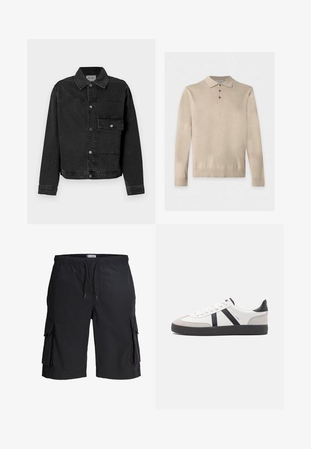 Veste en denim noir avec un bouton frontal, une poche poitrine et un col classique. Présente des coutures visibles et un tissu texturé.; Polo en maille beige à manches longues avec trois boutons et poignets et ourlet côtelés, posé à plat sur un fond blanc.; Short cargo noir longueur genou avec taille élastique, cordon de serrage et grandes poches à rabat de chaque côté, posé à plat sur un fond blanc.; Baskets blanches avec des accents noirs et gris, présentant un embout texturé gris, une semelle en caoutchouc noir et des lacets plats blancs. Design épuré, style minimaliste.