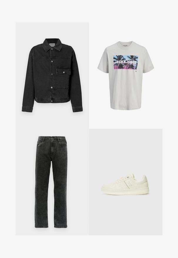 Sort denimjakke med knaplukning fortil, brystlomme og klassisk krave. Har synlige stikninger og struktureret stof.; Hvid kortærmet T-shirt med frontprint af palmetræer i blå og pink solnedgangsfarver, stort JACK & JONES-tekst over brystet.; Sorte denimjeans med lige ben, der har fem lommer, knaplukning og diskret udvaskning langs stoffet.; Cremefarvet sneaker med perforeret detaljering, snørebånd og logo på siden, præsenteret mod en simpel hvid baggrund.