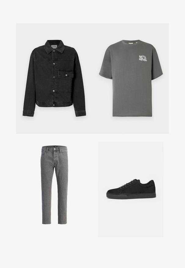 Schwarze Denimjacke mit durchgehender Knopfleiste, einer Brusttasche und klassischem Kragen. Verfügt über sichtbare Nähte und strukturierten Stoff.; Graues Baumwoll-T-Shirt mit kurzen Ärmeln und rundem Ausschnitt, auf der Vorderseite mit weißem Text "HAPPY HOLIDAYS" in Graffiti-Schriftart.; Graue Jeans aus Denim mit geradem Schnitt, fünf Taschen und Metallknopfverschluss. Der Stoff hat eine weiche, strukturierte Oberfläche.; Schwarzer Low-Top-Sneaker mit Schnürung vorne und flacher Gummisohle, seitlich auf weißem Hintergrund dargestellt.